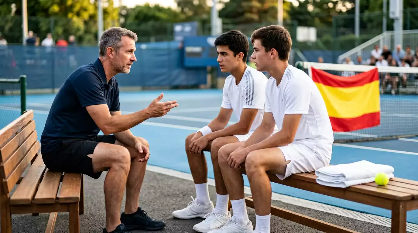 Capitán español dando instrucciones desde el banquillo de la Copa Davis con la bandera nacional al fondo