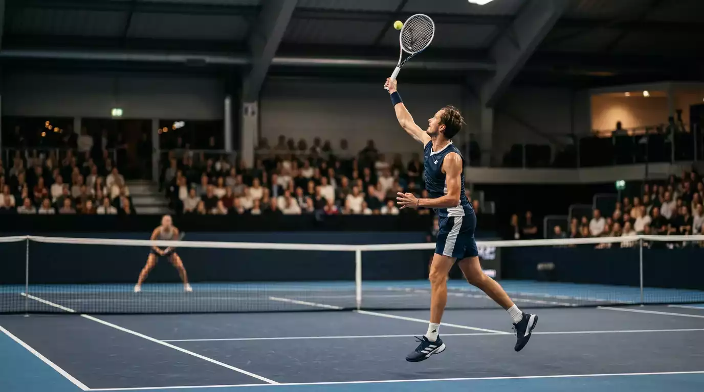 Tenista profesional realizando un saque en pista dura indoor durante una eliminatoria de la Copa Davis