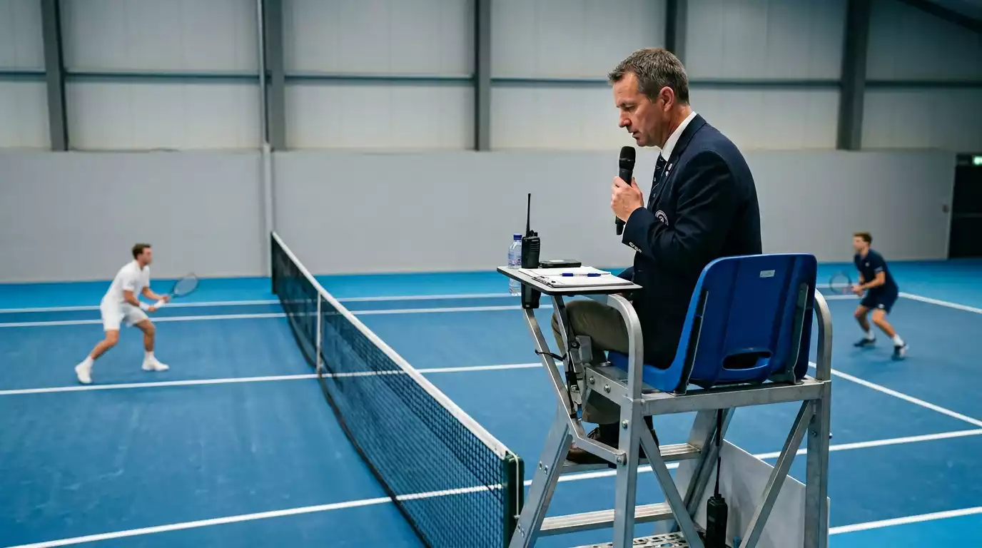 Juez de silla supervisando un partido de tenis profesional desde su torre de arbitraje