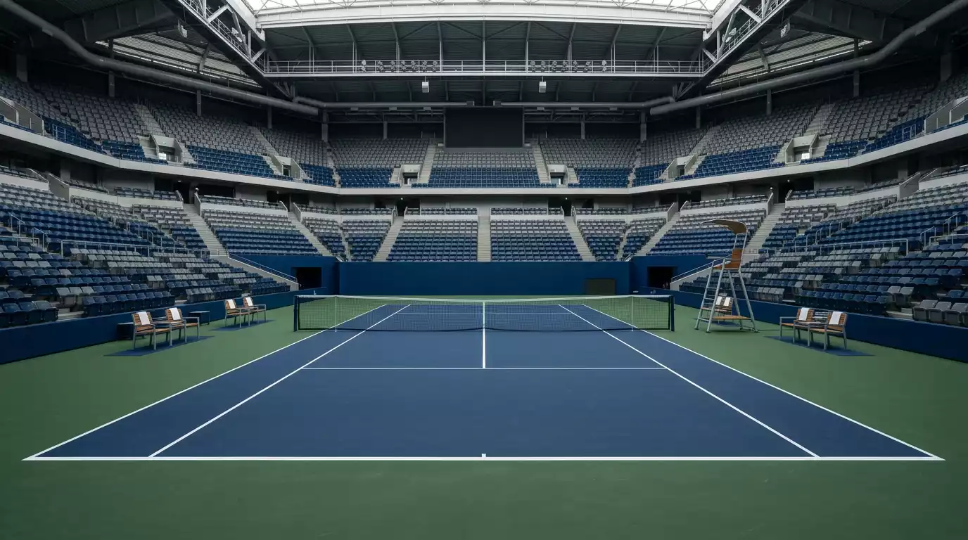 Vista panorámica de un pabellón cubierto con pista dura azul preparada para una eliminatoria de la Copa Davis